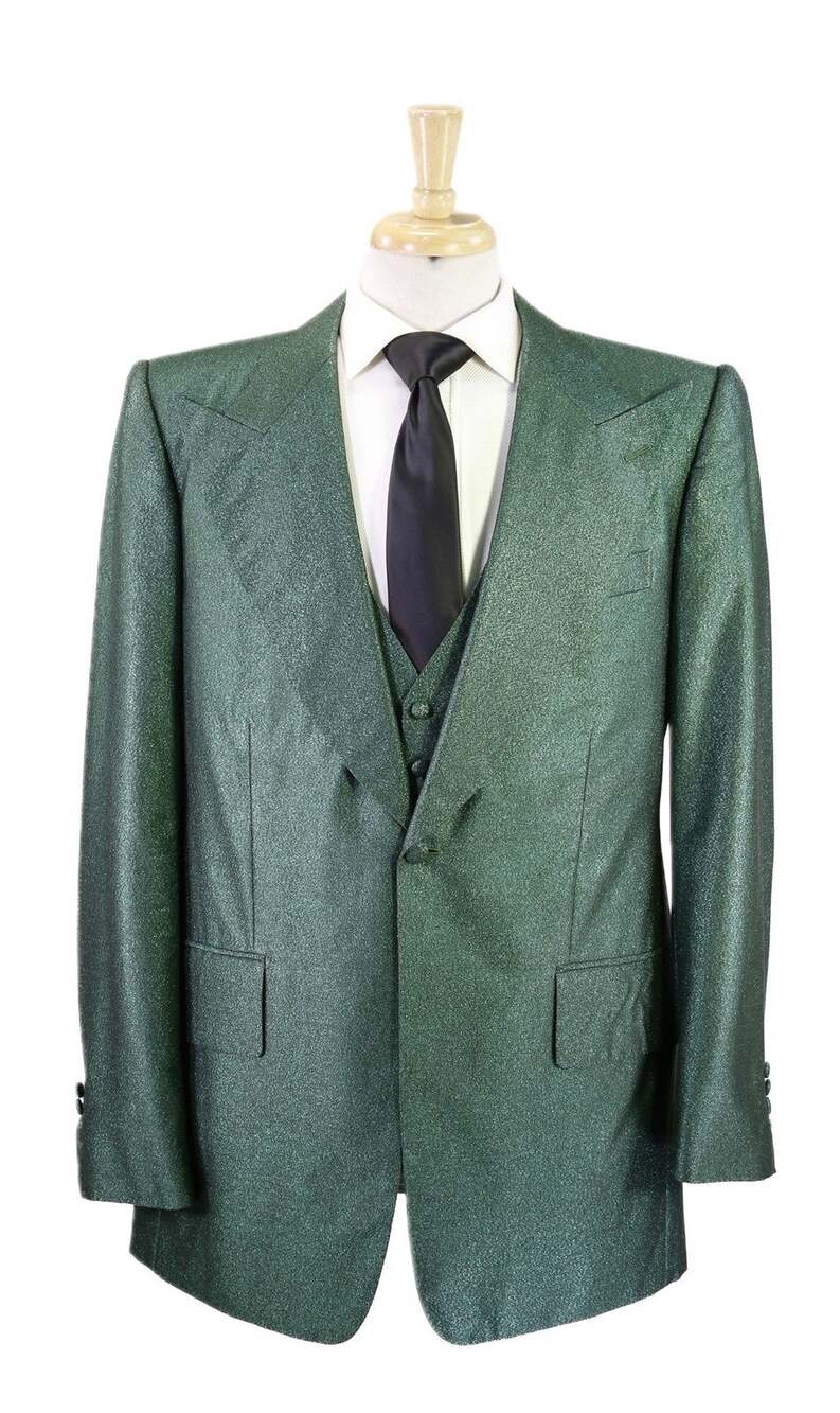 Edward Sexton Savile Row Bespoke Green Glitter 3-Piece Peak Lapel Suit 44L